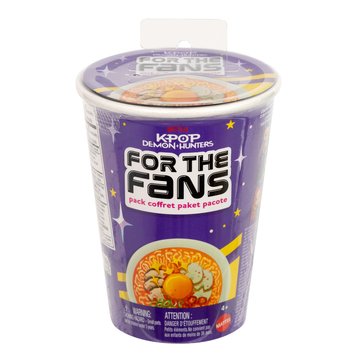 Purple KPop Demon Hunters For The Fans ramen noodles cup blind pack containing a surprise figure