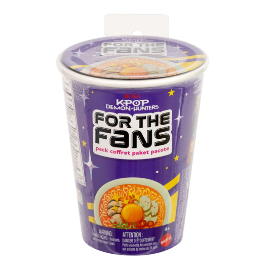 Purple KPop Demon Hunters For The Fans ramen noodles cup blind pack containing a surprise figure